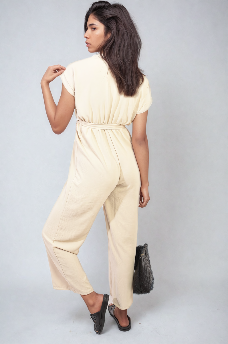 Belted V Neck Jumpsuit with Side Pockets Moda