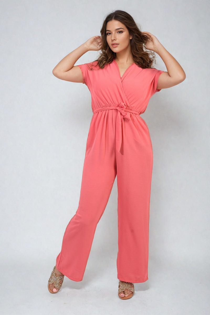 Belted V Neck Jumpsuit with Side Pockets Moda