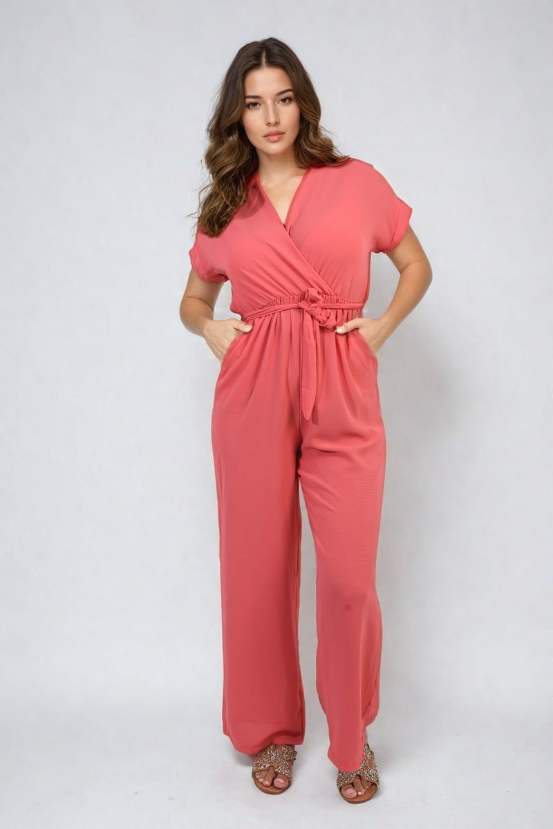 Belted V Neck Jumpsuit with Side Pockets Moda