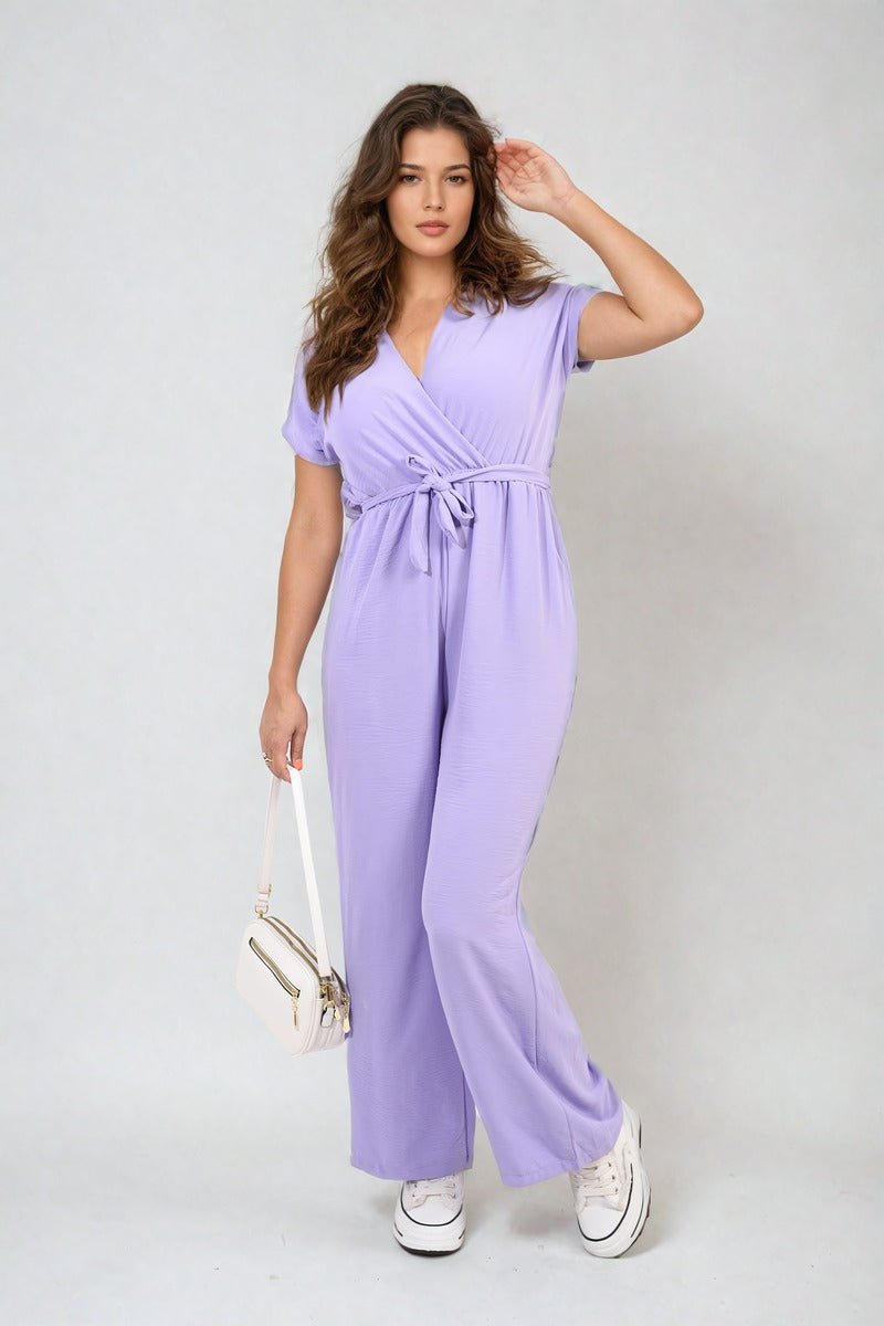 Belted V Neck Jumpsuit with Side Pockets Moda