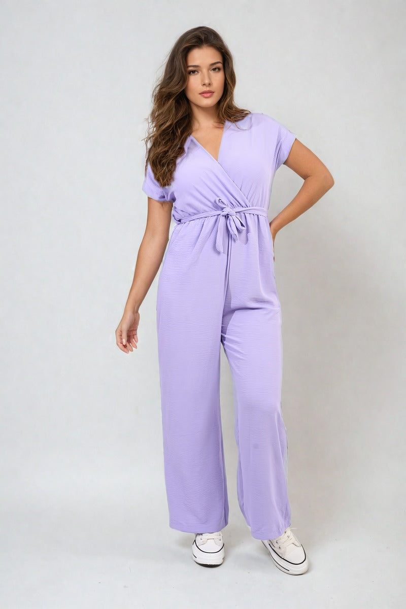 Belted V Neck Jumpsuit with Side Pockets Moda