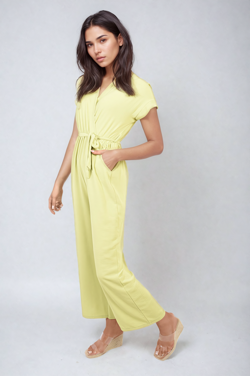 Belted V Neck Jumpsuit with Side Pockets Moda