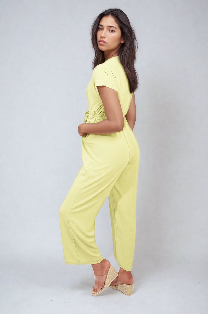 Belted V Neck Jumpsuit with Side Pockets Moda