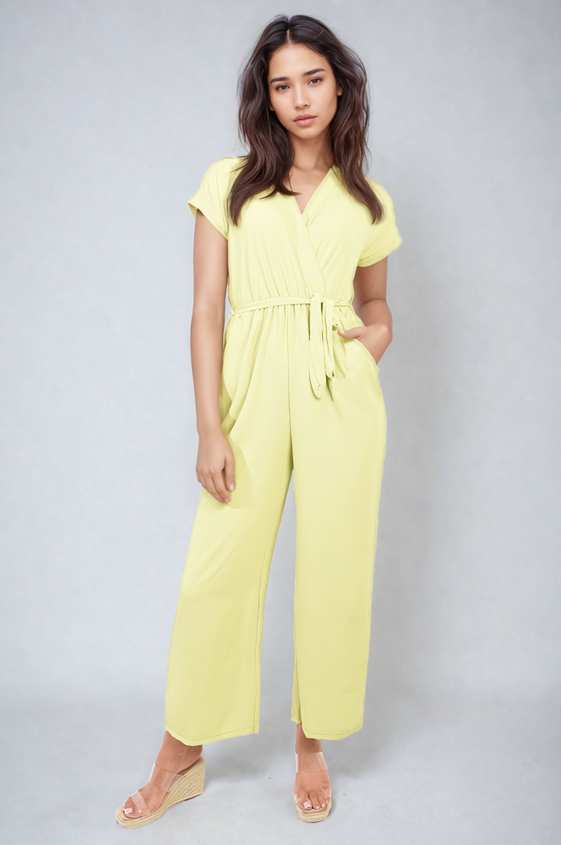 Belted V Neck Jumpsuit with Side Pockets Moda