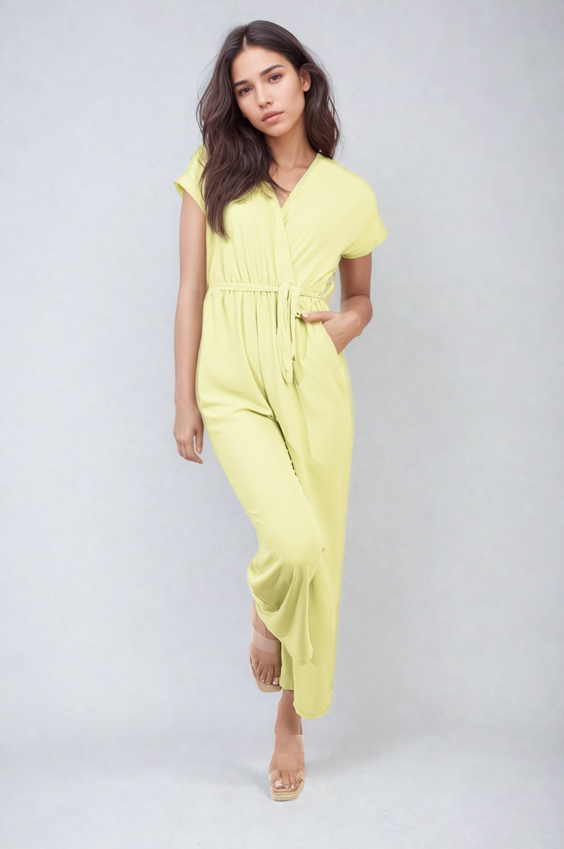 Belted V Neck Jumpsuit with Side Pockets Moda