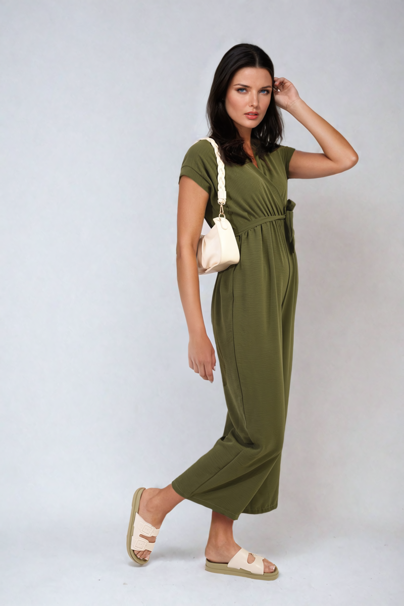 Belted V Neck Jumpsuit with Side Pockets Moda