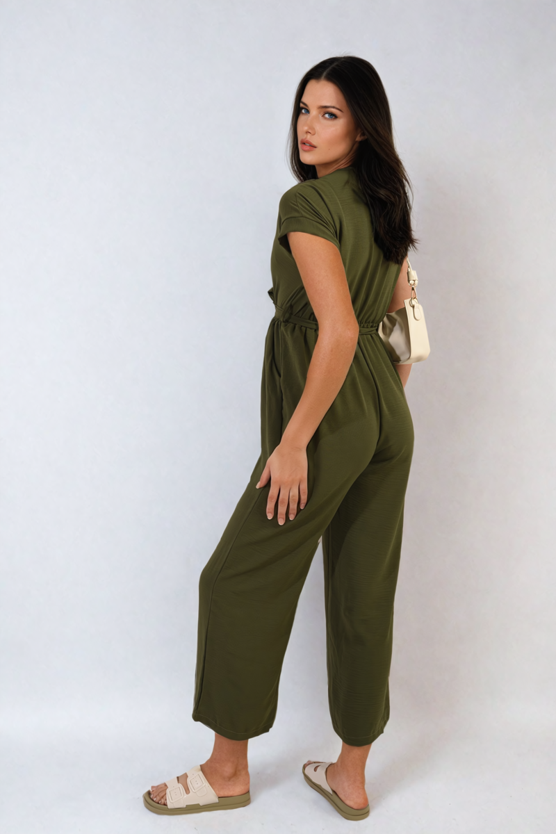 Belted V Neck Jumpsuit with Side Pockets Moda