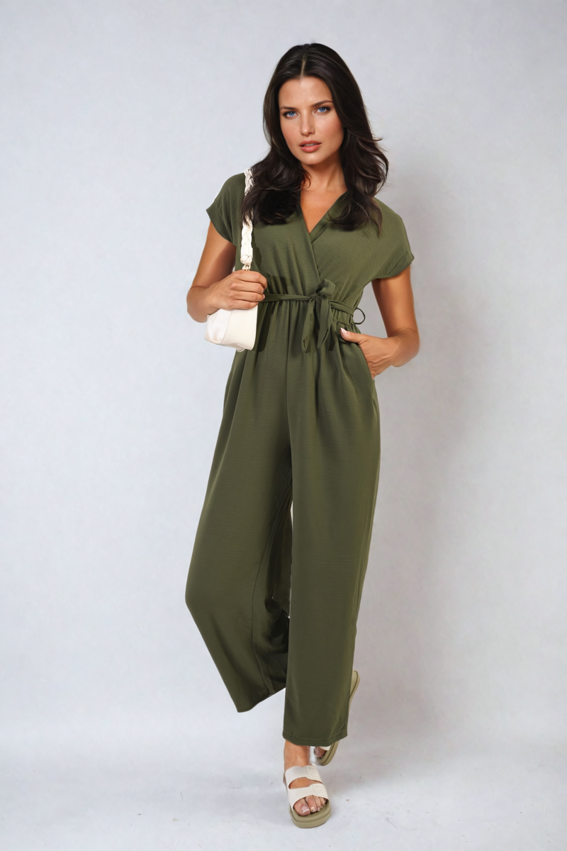 Belted V Neck Jumpsuit with Side Pockets Moda