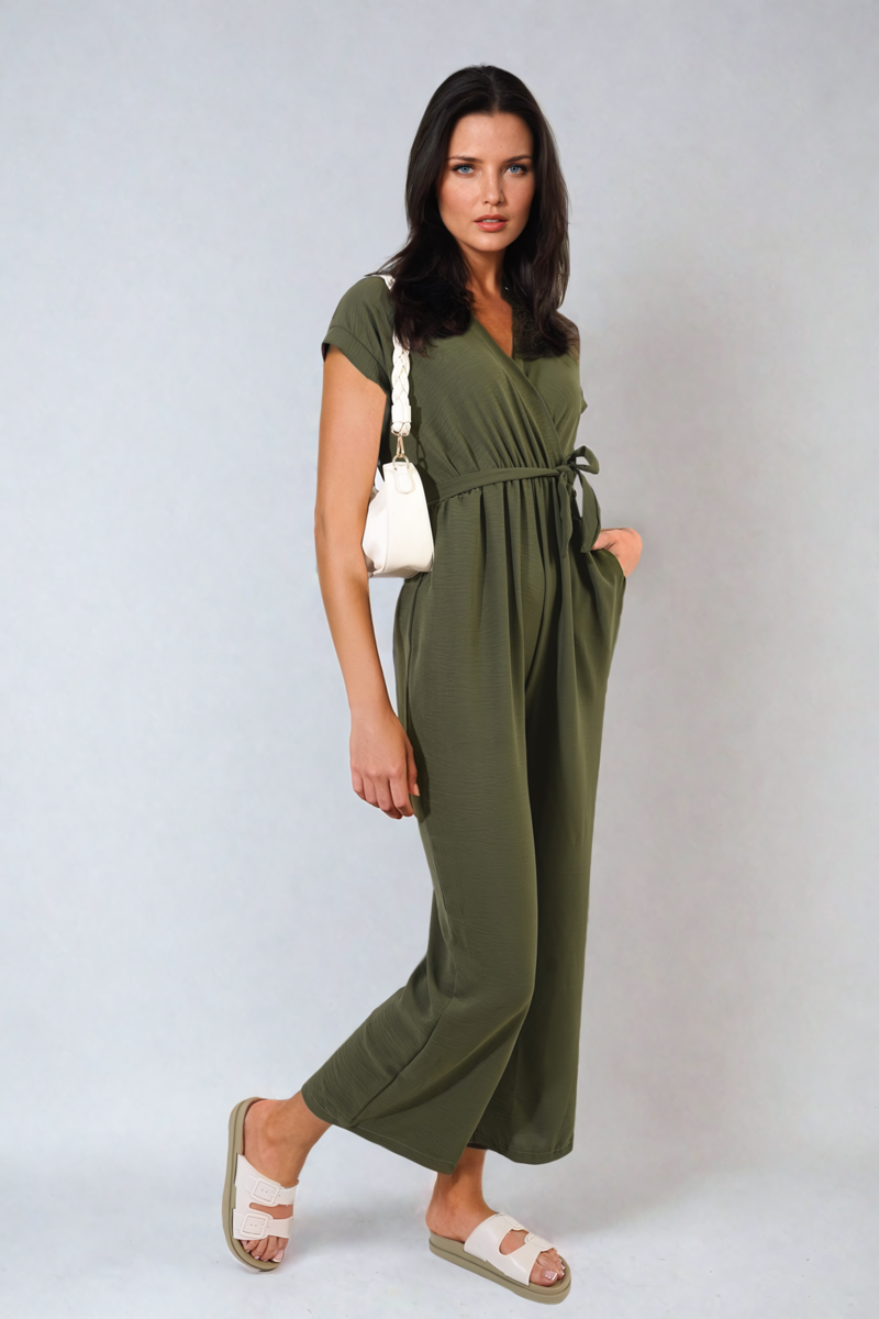 Belted V Neck Jumpsuit with Side Pockets Moda