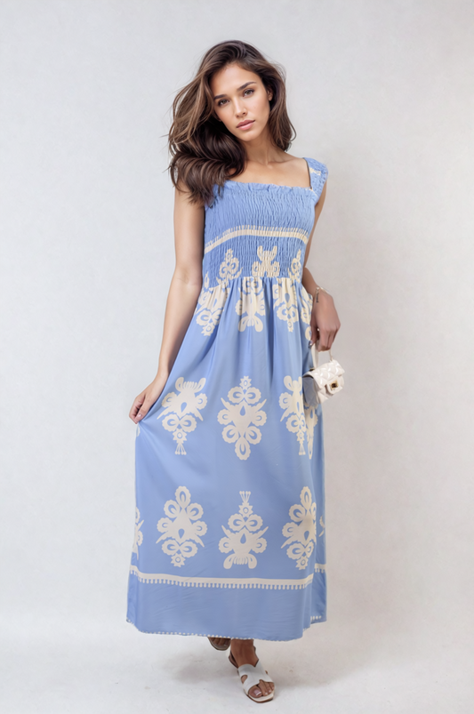 Smocked Sleeveless Flowy Tribal Print Summer Maxi Dress Moda