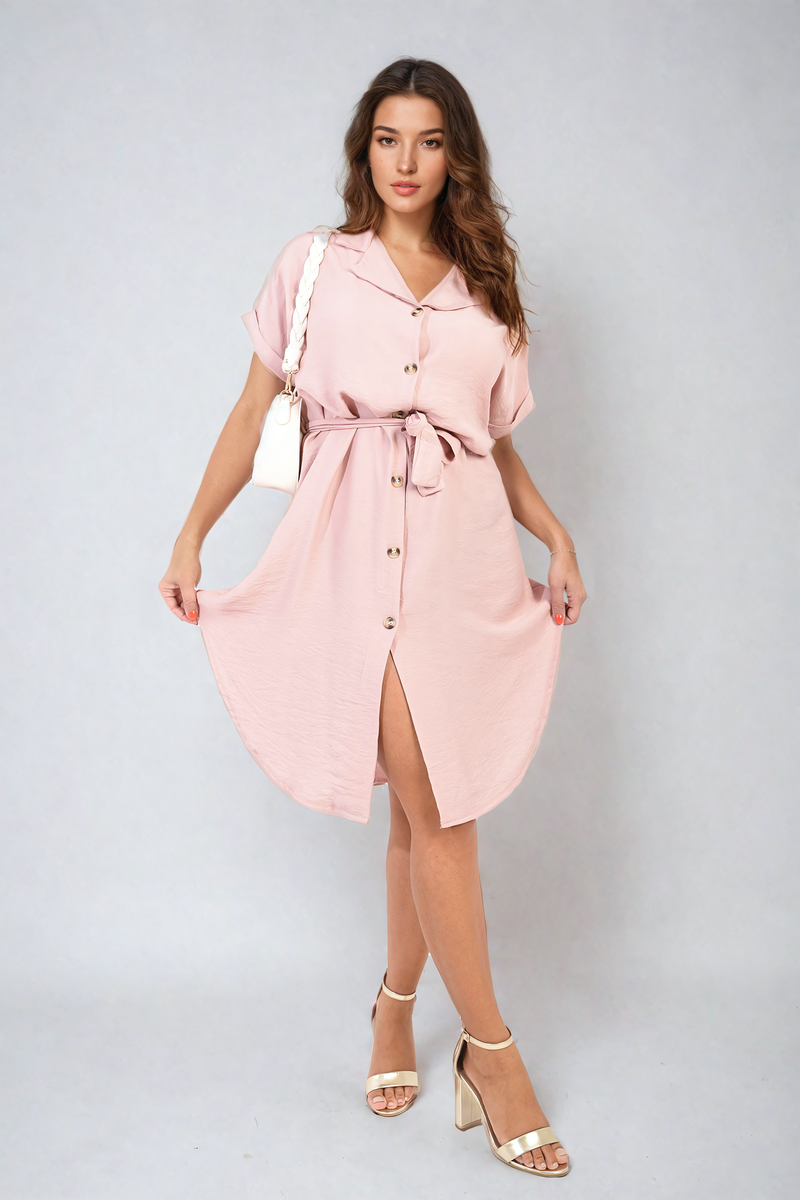 Button Down Belted Mini Dress Moda