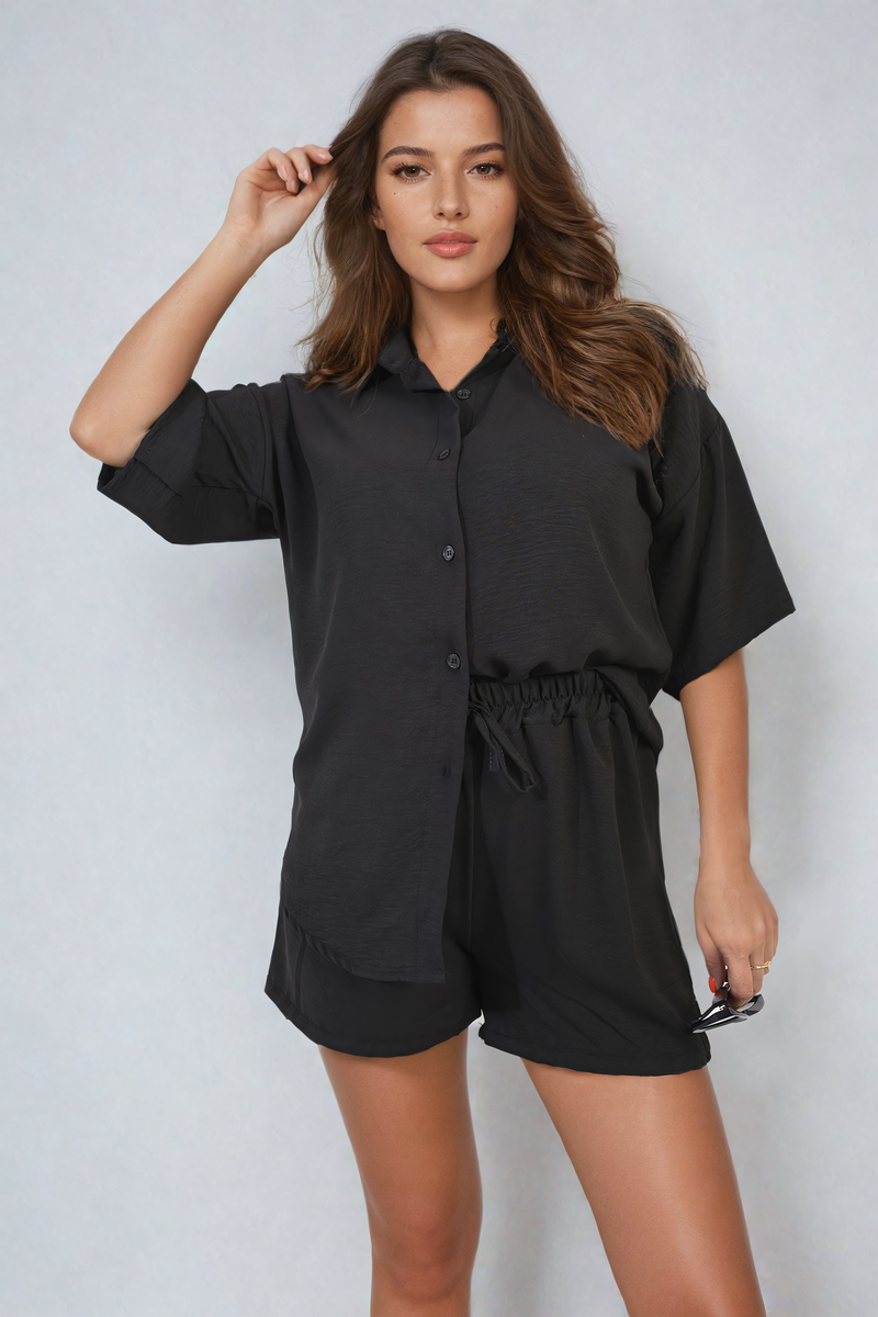 Short Sleeve Buttons Top & Lace Up Shorts Co-ord Set Moda