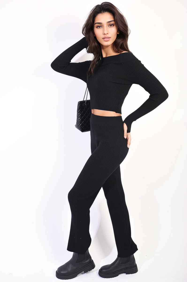 Knitted Long Sleeves Cropped Off Shoulder Top and Trousers Co-ord Set Moda
