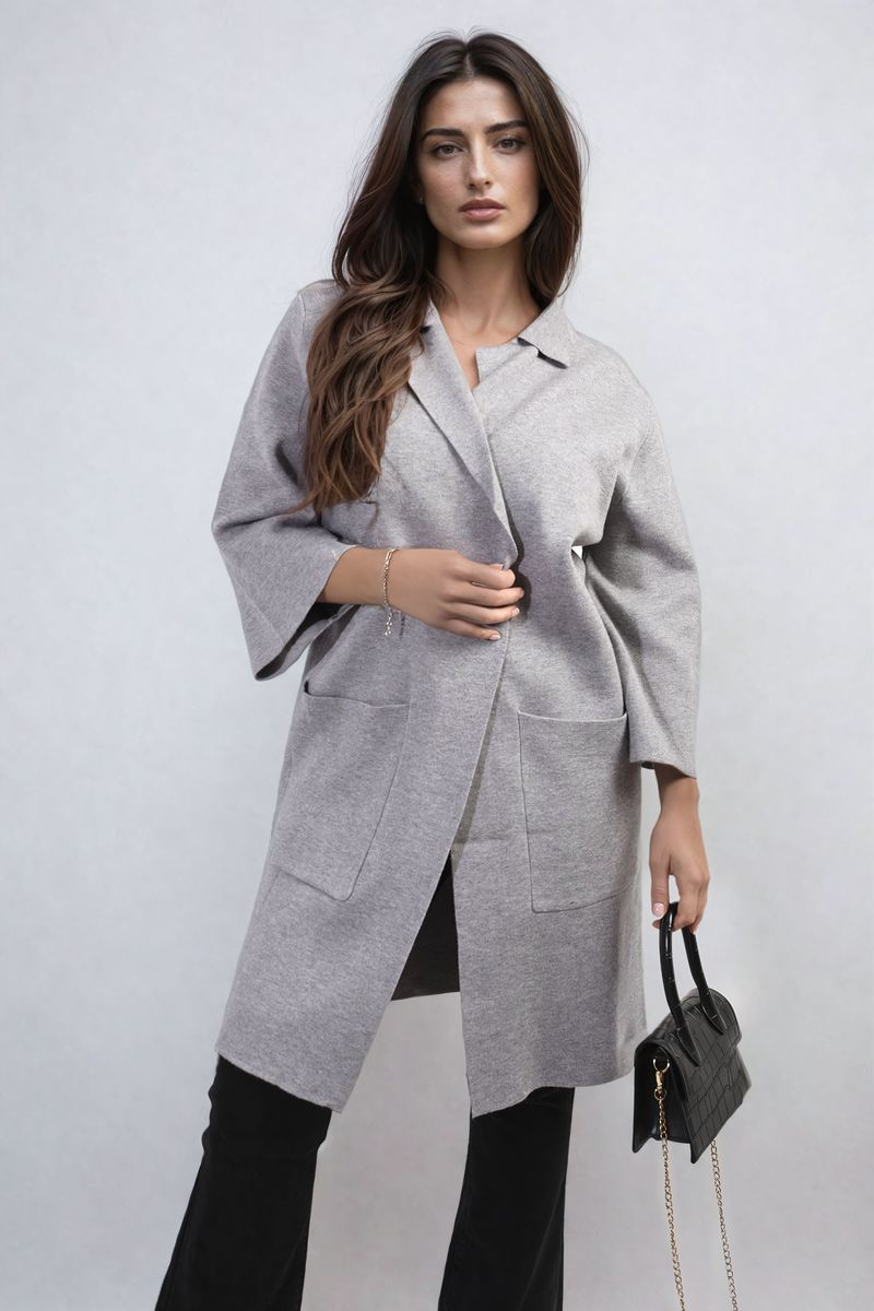 Open Front Longline Knitted Cardigan with Front Pockets Moda