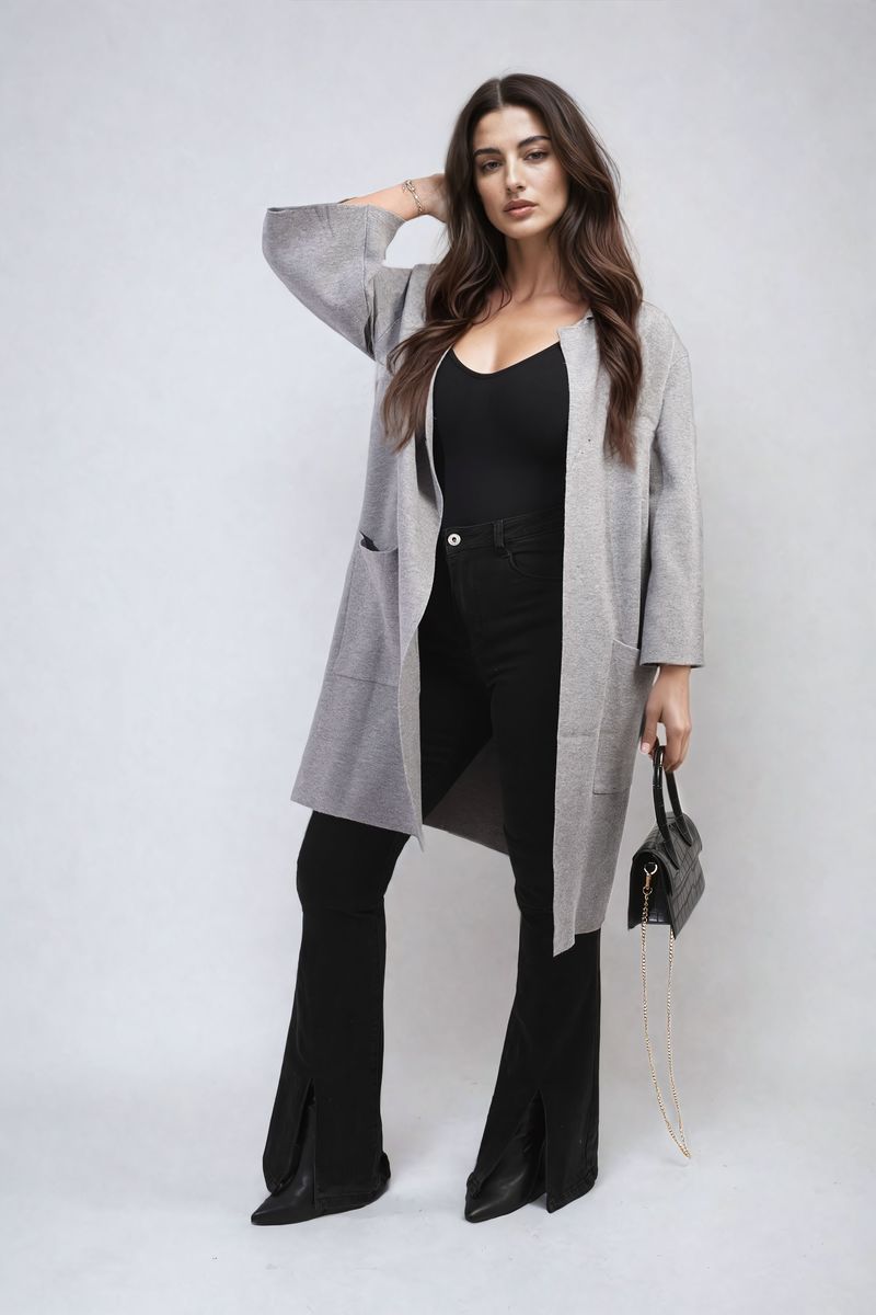 Open Front Longline Knitted Cardigan with Front Pockets Moda
