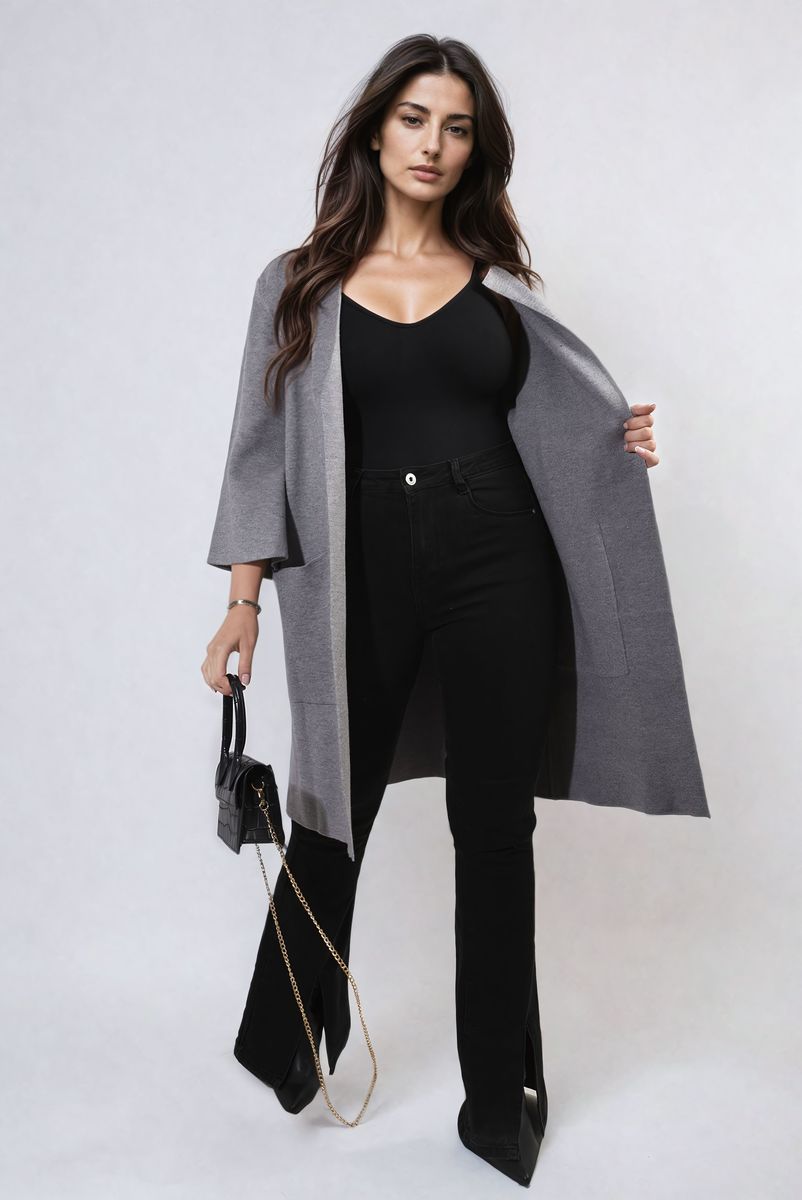 Open Front Longline Knitted Cardigan with Front Pockets Moda