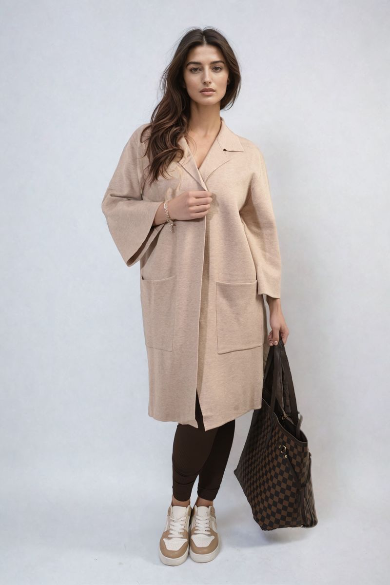 Open Front Longline Knitted Cardigan with Front Pockets Moda