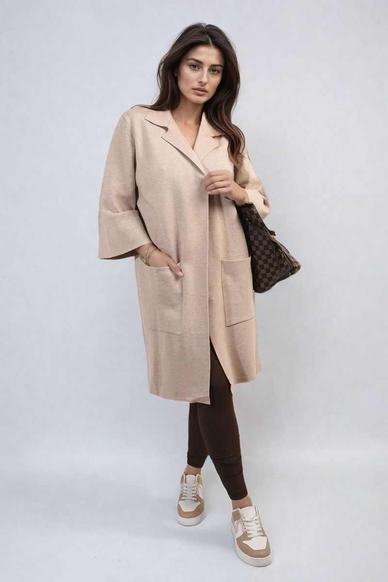 Open Front Longline Knitted Cardigan with Front Pockets Moda