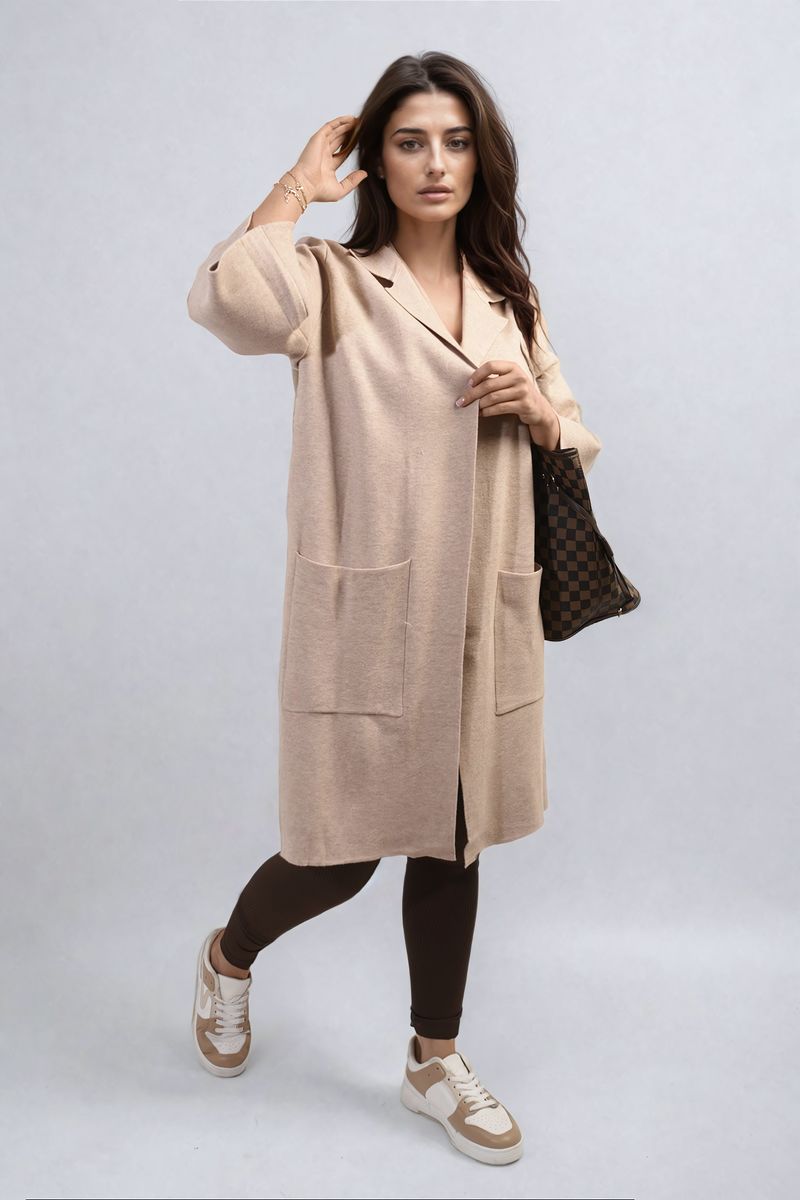 Open Front Longline Knitted Cardigan with Front Pockets Moda