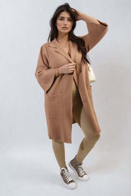 Open Front Longline Knitted Cardigan with Front Pockets Moda