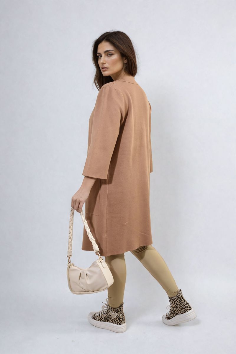 Open Front Longline Knitted Cardigan with Front Pockets Moda