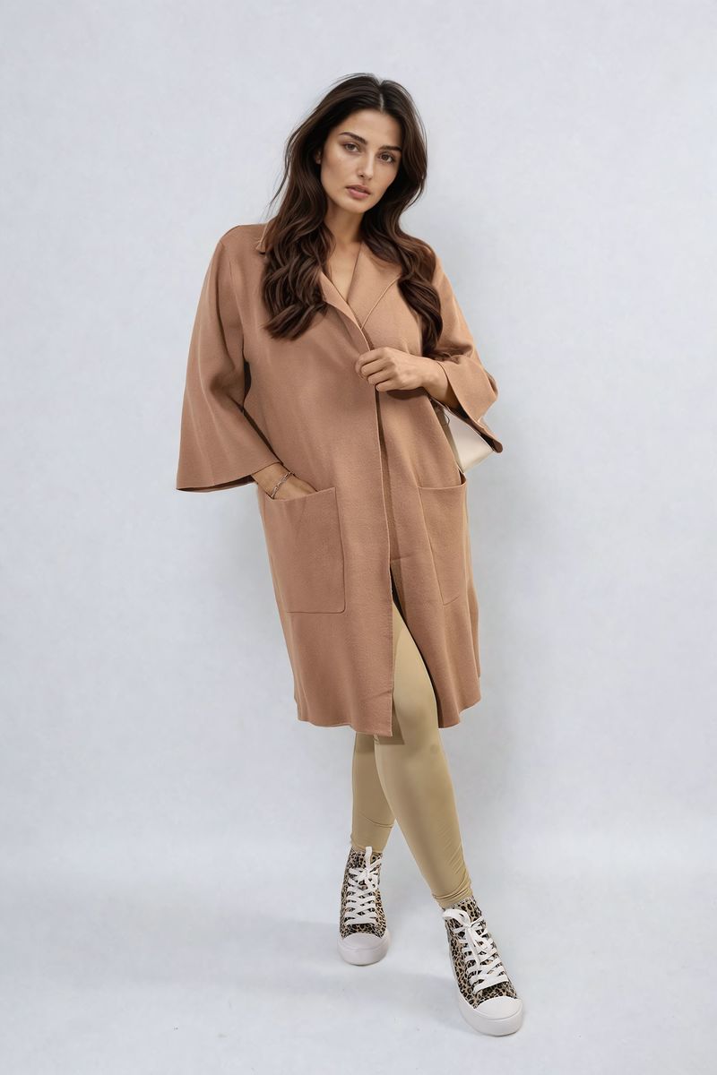 Open Front Longline Knitted Cardigan with Front Pockets Moda