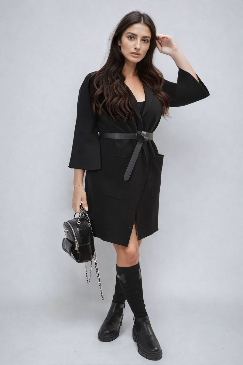 Open Front Longline Knitted Cardigan with Front Pockets Moda