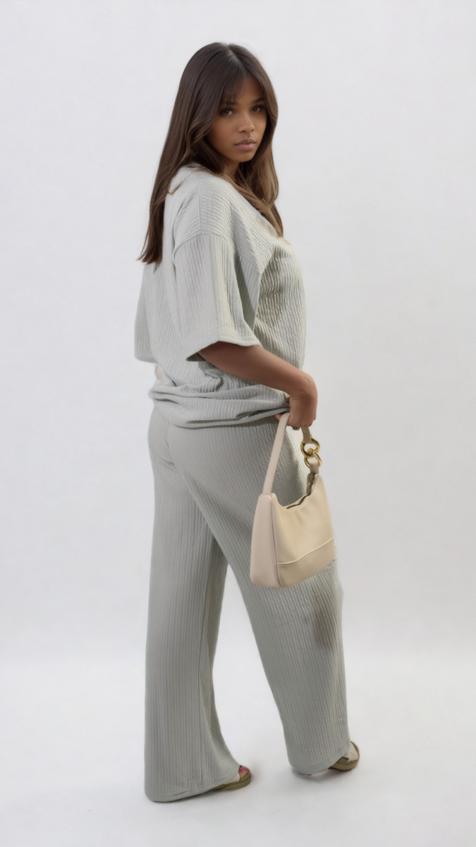 Ribbed Oversized Top and Drawstring Wide Leg Trouser Co-ord Set Moda