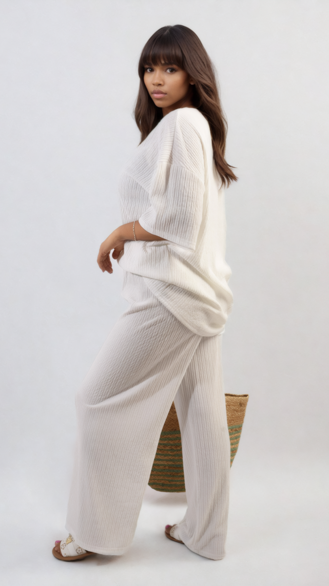 Ribbed Oversized Top and Drawstring Wide Leg Trouser Co-ord Set Moda