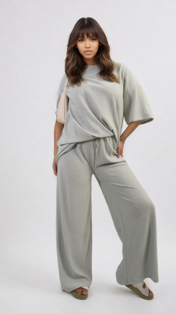 Ribbed Oversized Top and Drawstring Wide Leg Trouser Co-ord Set Moda