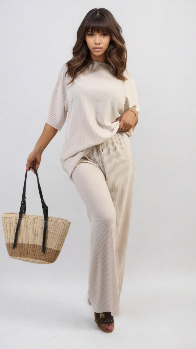 Ribbed Oversized Top and Drawstring Wide Leg Trouser Co-ord Set Moda