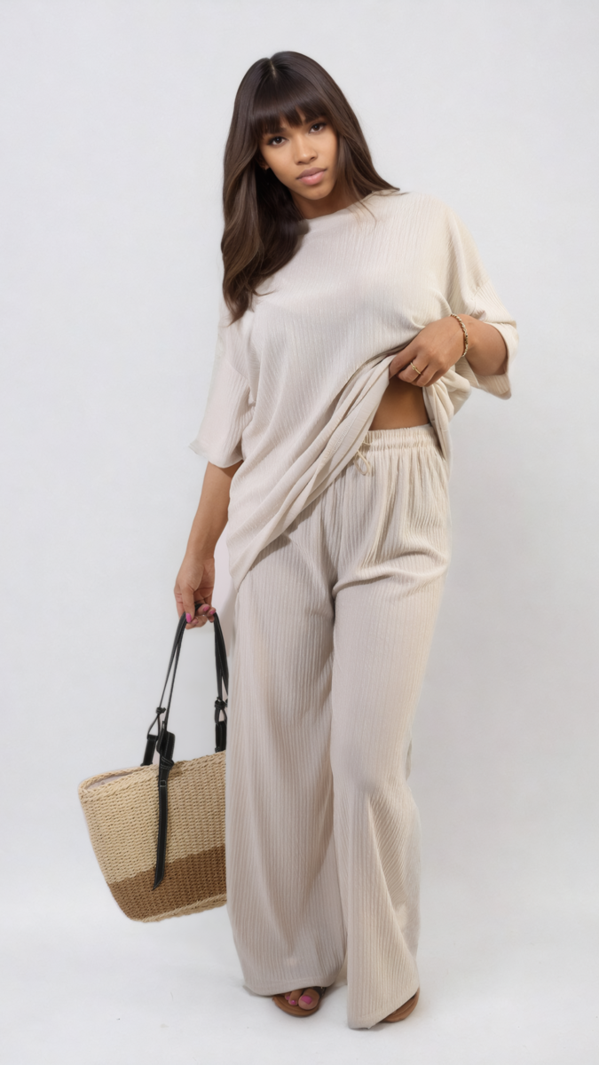 Ribbed Oversized Top and Drawstring Wide Leg Trouser Co-ord Set Moda