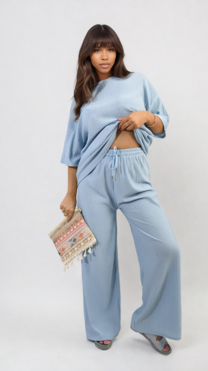 Ribbed Oversized Top and Drawstring Wide Leg Trouser Co-ord Set Moda