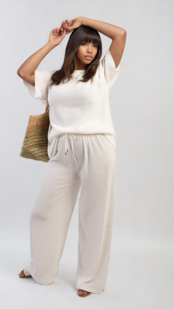 Ribbed Oversized Top and Drawstring Wide Leg Trouser Co-ord Set Moda
