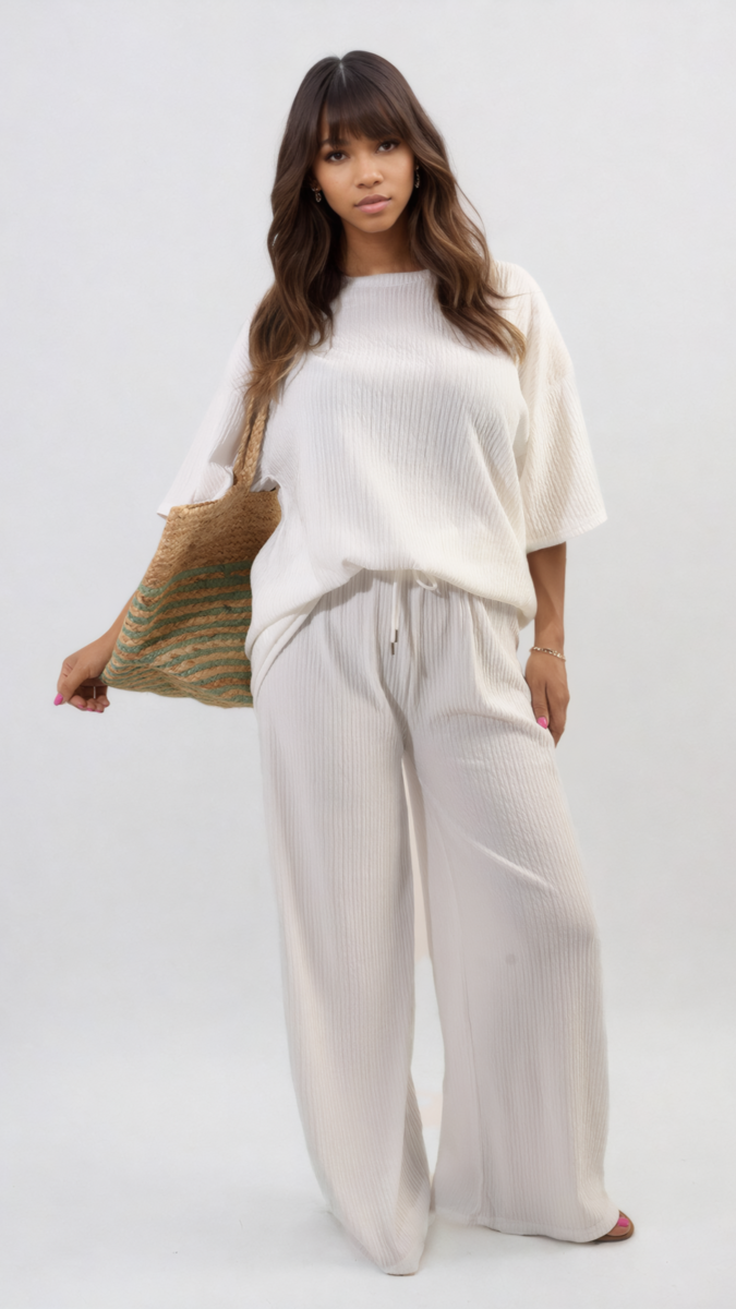 Ribbed Oversized Top and Drawstring Wide Leg Trouser Co-ord Set Moda