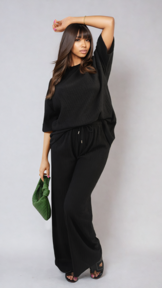 Ribbed Oversized Top and Drawstring Wide Leg Trouser Co-ord Set Moda