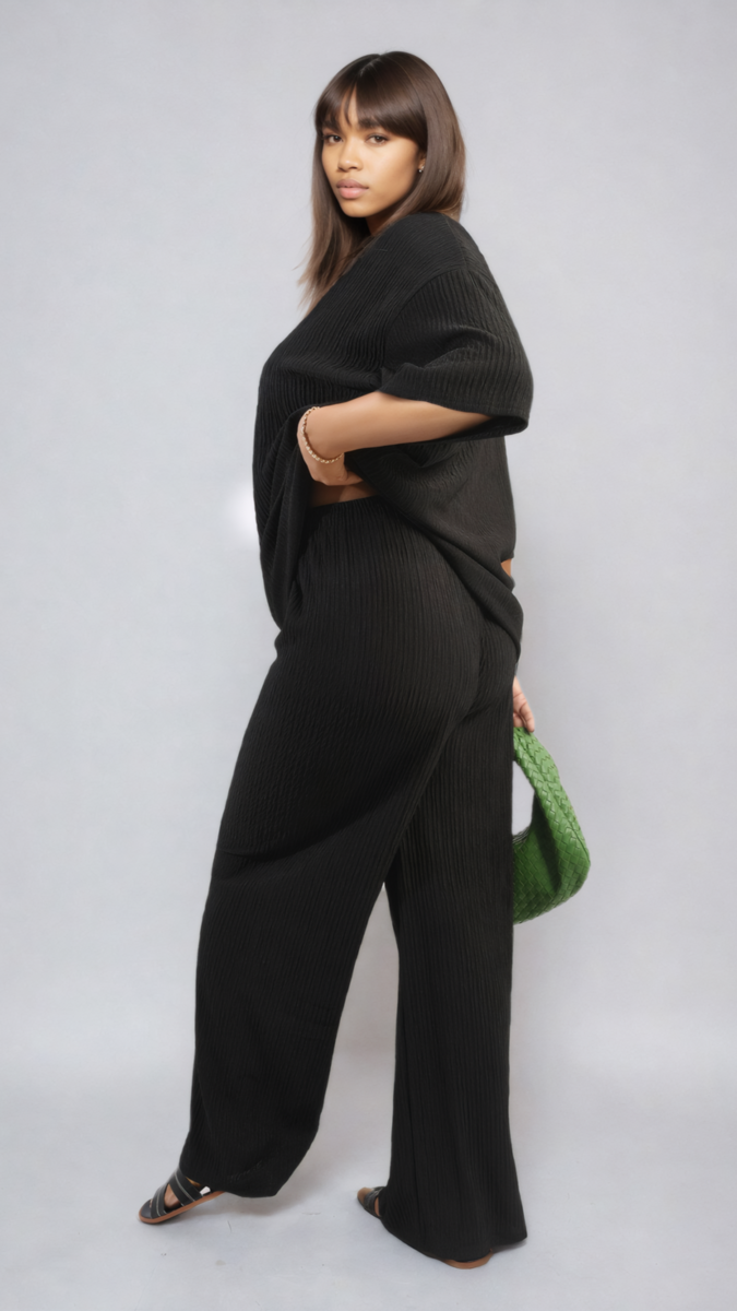 Ribbed Oversized Top and Drawstring Wide Leg Trouser Co-ord Set Moda