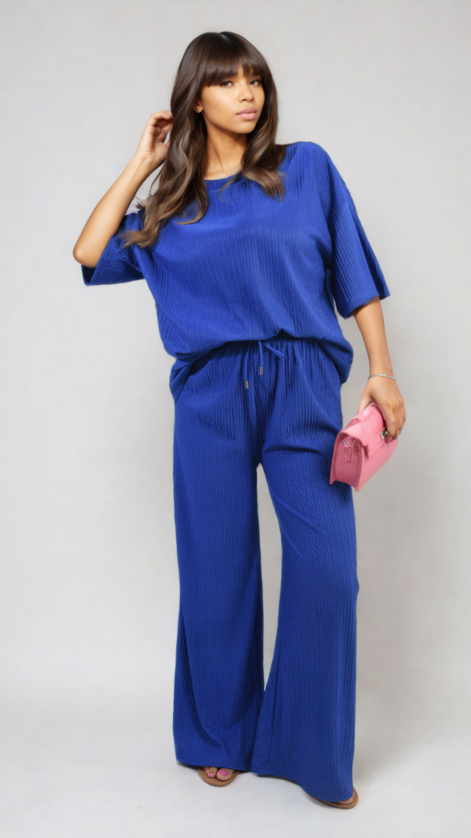 Ribbed Oversized Top and Drawstring Wide Leg Trouser Co-ord Set Moda