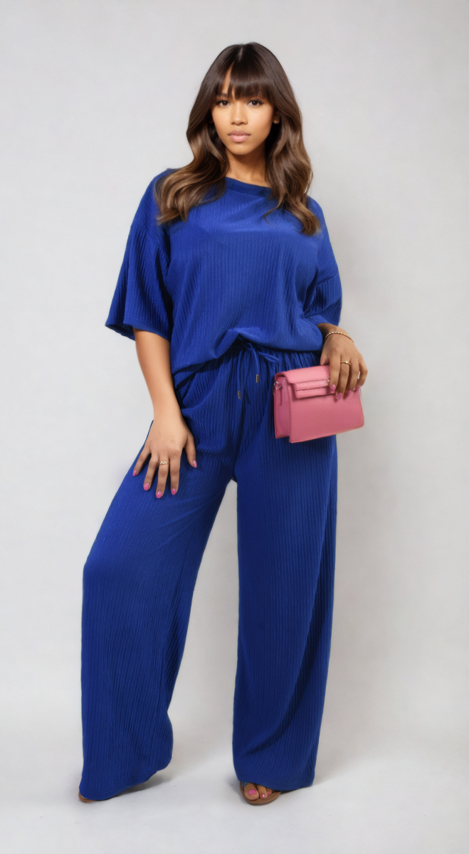 Ribbed Oversized Top and Drawstring Wide Leg Trouser Co-ord Set Moda
