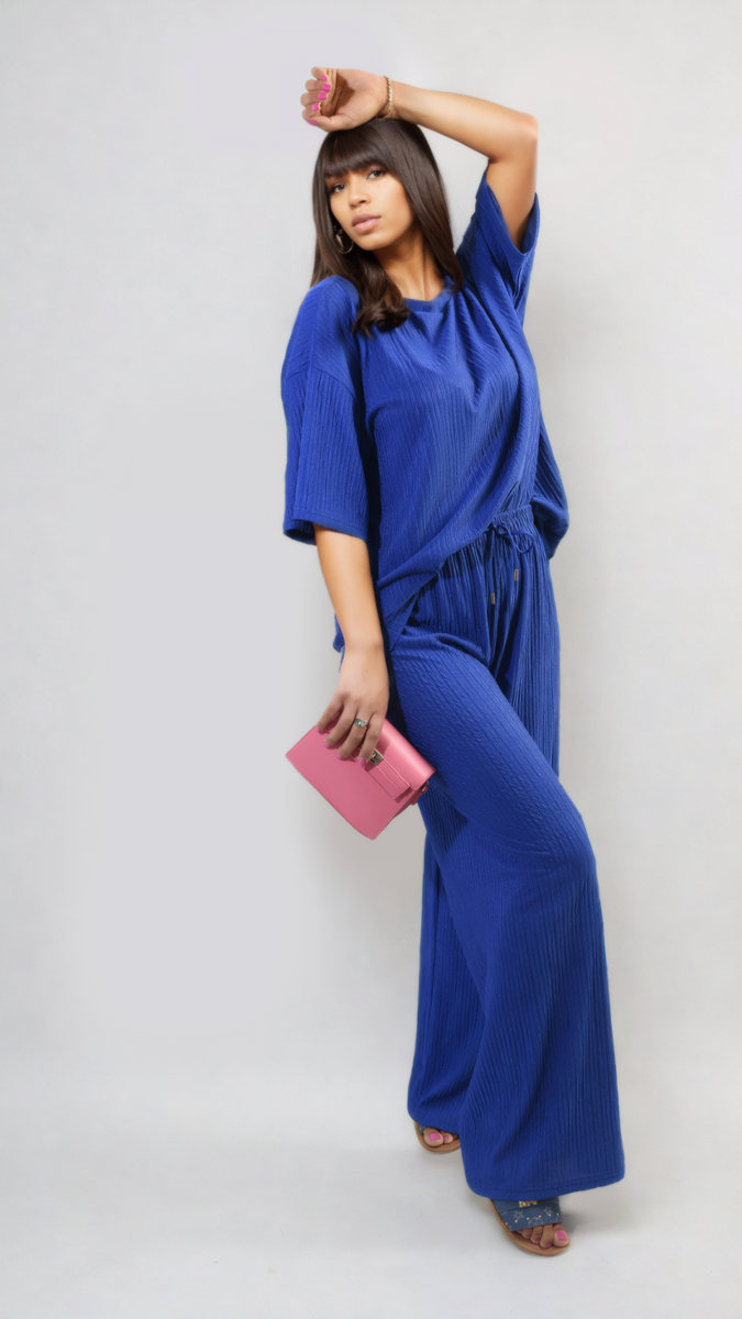 Ribbed Oversized Top and Drawstring Wide Leg Trouser Co-ord Set Moda