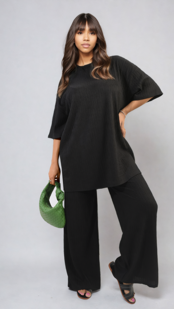 Ribbed Oversized Top and Drawstring Wide Leg Trouser Co-ord Set Moda