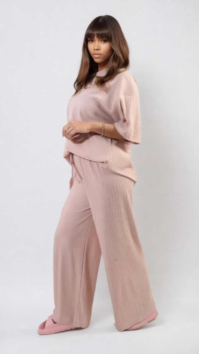 Ribbed Oversized Top and Drawstring Wide Leg Trouser Co-ord Set Moda