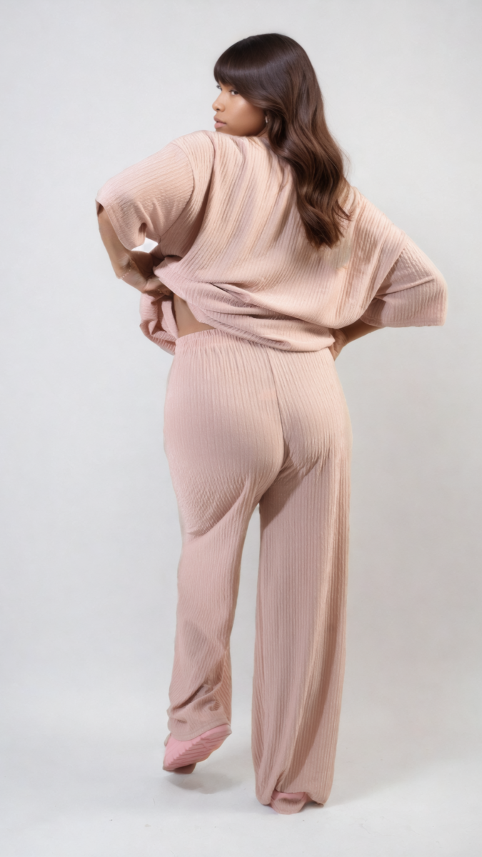 Ribbed Oversized Top and Drawstring Wide Leg Trouser Co-ord Set Moda