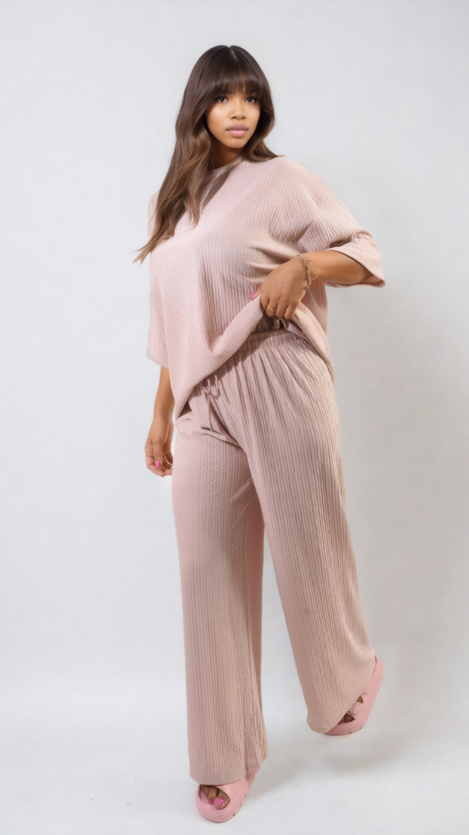 Ribbed Oversized Top and Drawstring Wide Leg Trouser Co-ord Set Moda