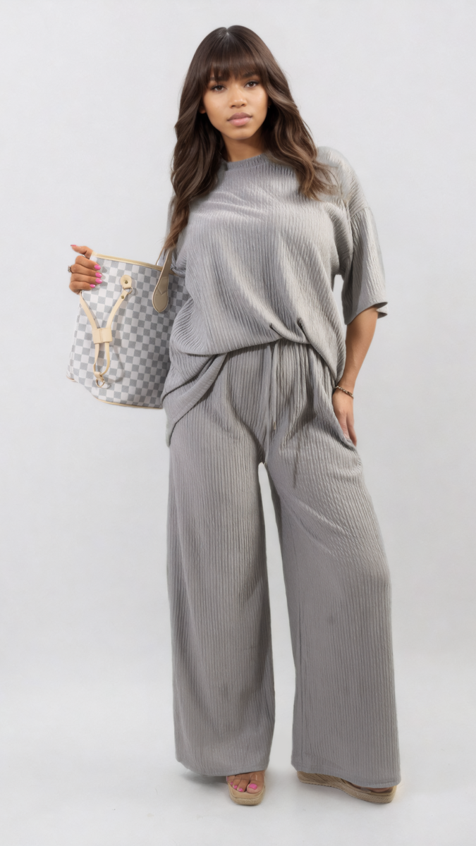 Ribbed Oversized Top and Drawstring Wide Leg Trouser Co-ord Set Moda