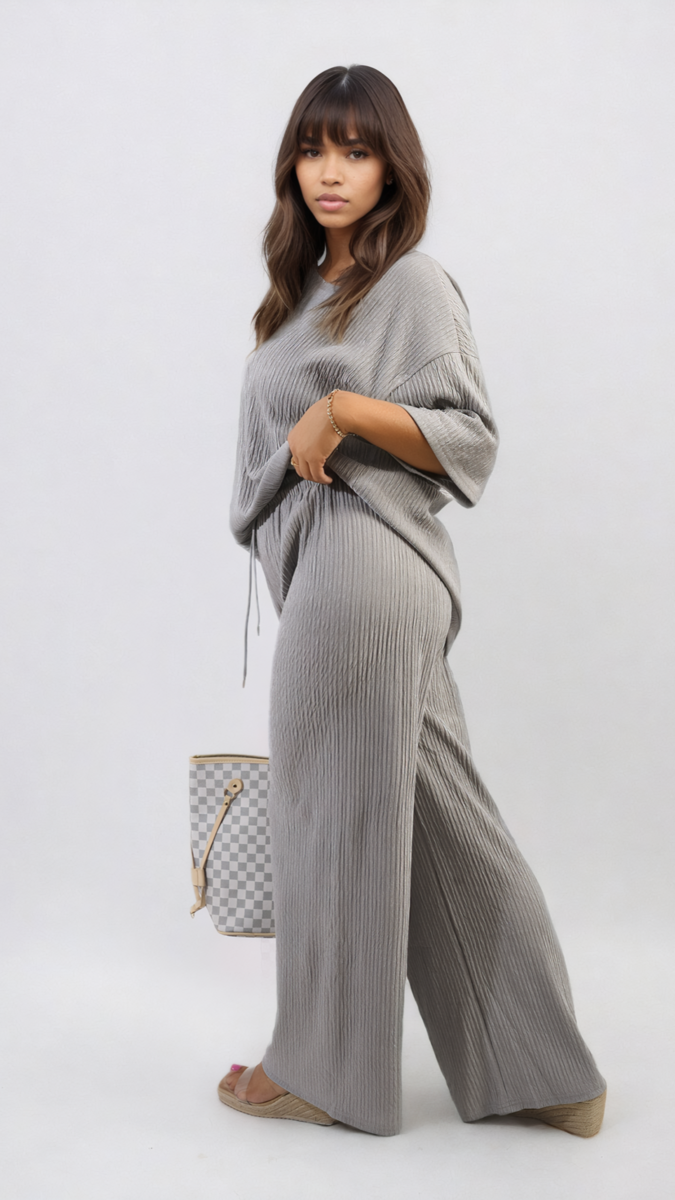Ribbed Oversized Top and Drawstring Wide Leg Trouser Co-ord Set Moda