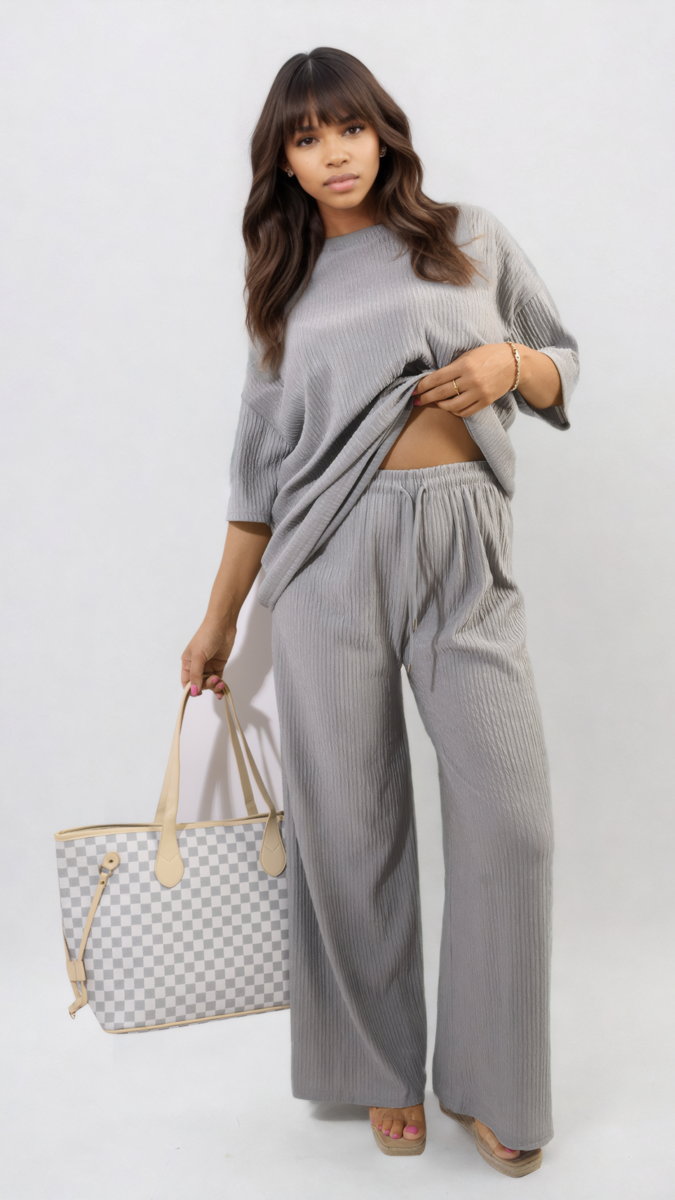 Ribbed Oversized Top and Drawstring Wide Leg Trouser Co-ord Set Moda
