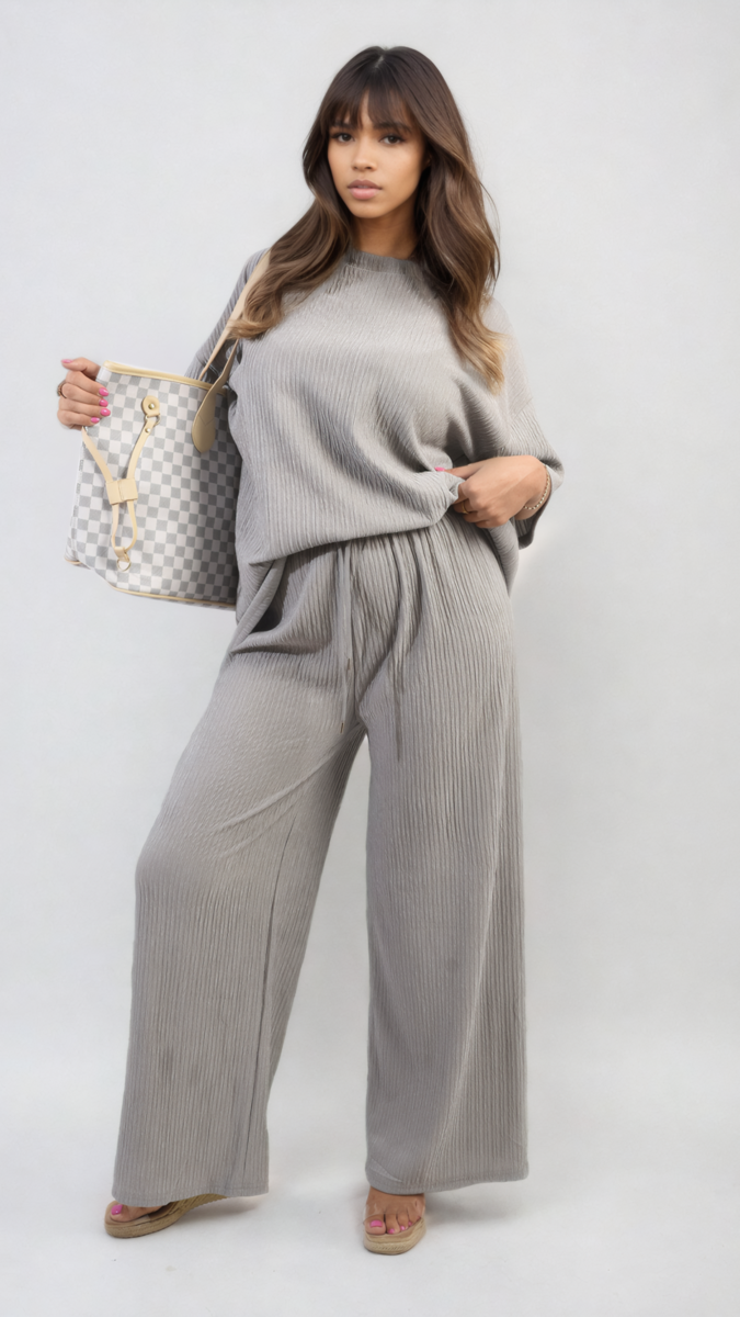 Ribbed Oversized Top and Drawstring Wide Leg Trouser Co-ord Set Moda