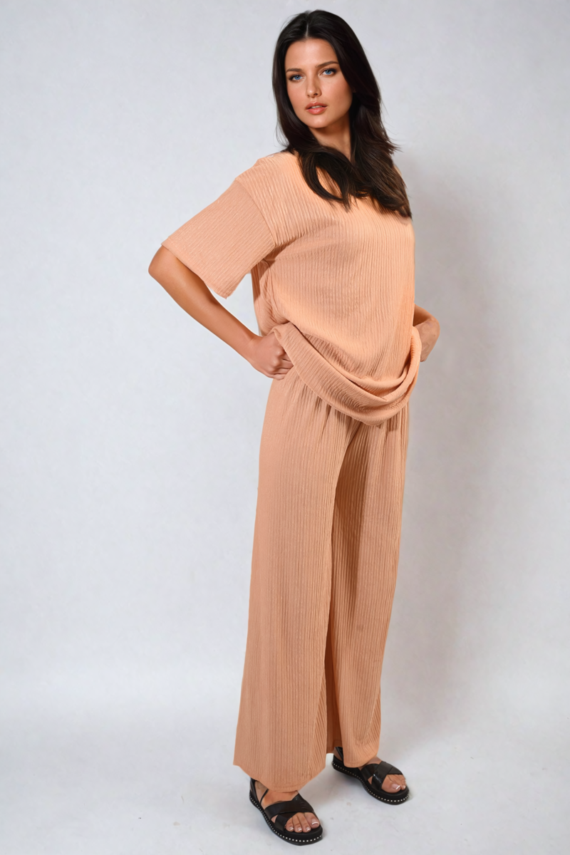 Ribbed Oversized Top and Drawstring Wide Leg Trouser Co-ord Set Moda