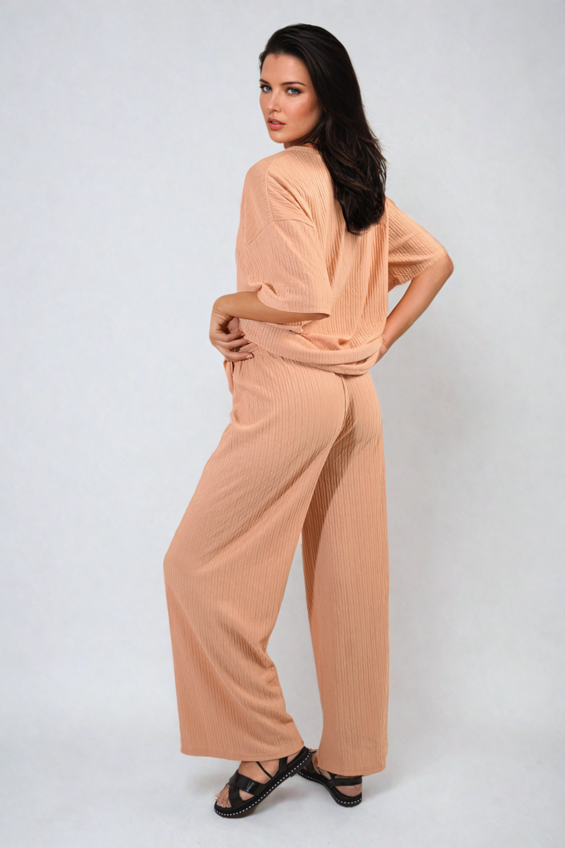 Ribbed Oversized Top and Drawstring Wide Leg Trouser Co-ord Set Moda